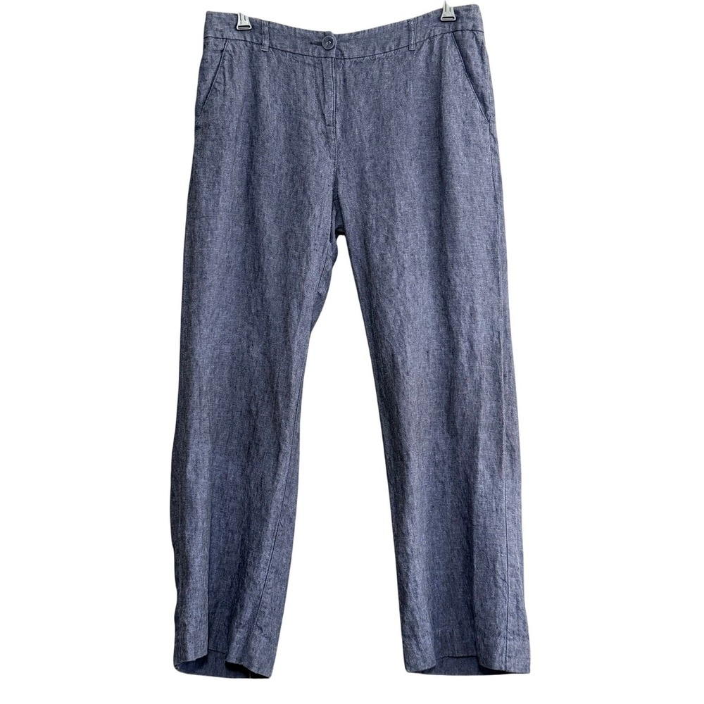 Garnet Hill 100% Linen Chambray Pants 10 Navy Blue Casual Minimalist Relaxed Fit